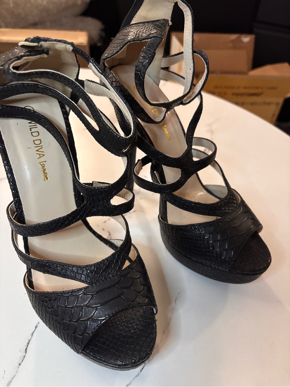Wild Diva Black Faux-Snakeskin Strappy Platform Heels
